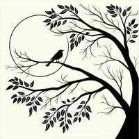 Bird silhouette on tree branch with leaves and circular moon illustration vector