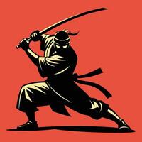 Stealthy ninja warrior silhouette with katana sword on red background vector