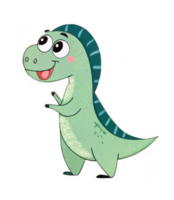 A cheerful, friendly dinosaur with big, expressive eyes joyfully greets the day, showcasing a charming, whimsical illustration style with soft pastel greens and blues. png