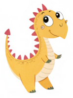 A cheerful, friendly yellow dinosaur with rosy red spines, a playful smile, and big, curious eyes, standing proudly in a charming illustration. png