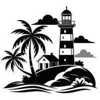 Black and white tropical island scene with lighthouse and palm trees vector