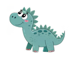A sweet baby dinosaur with big curious eyes, exploring a prehistoric world, rendered in a charming, hand-drawn style with soft teal tones. png