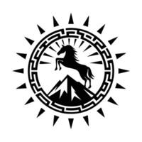 Horse rearing on mountain crest in sunburst frame black and white vector