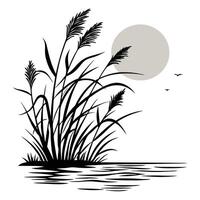 Silhouette reeds by water with birds and moon minimalist illustration vector