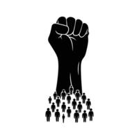 Solidarity and power concept with raised fist and crowd silhouette vector