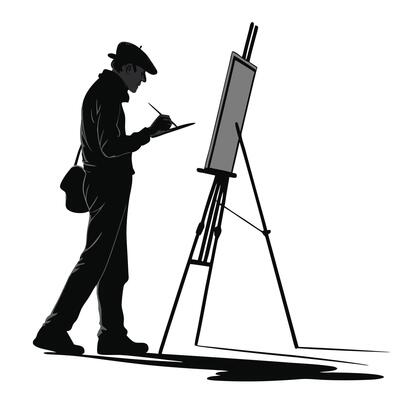 Silhouette of an artist painting at an easel in an outdoor setting