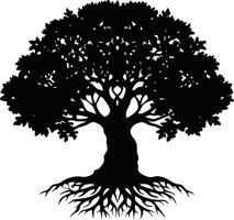 Silhouette of a lush tree with intertwined roots isolated on white vector