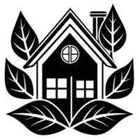 Stylized house surrounded by leaves black and white icon illustration vector