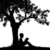 Silhouette of a boy reading under a tree on grass vector