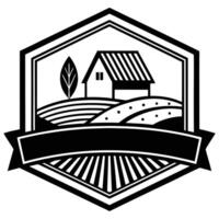 Farmhouse landscape in geometric badge with banner and sunburst design vector