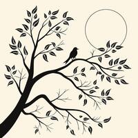 Silhouette bird resting on branch tree design with moon illustration vector