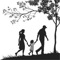 Silhouette of a family walking together under a tree in grassy field vector