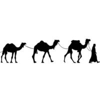 Caravan of camels and a man silhouette across the desert vector