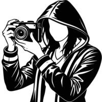 Black and white illustration of a photographer with camera vector