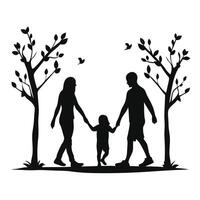 Silhouette of family walking between trees with birds in the sky illustration vector