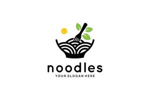 logo design of noodles and fork in bowl with fresh nature leaf icon symbol vector