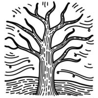 Artistic tree illustration black and white line drawing with abstract elements vector