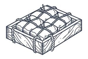 Wooden crate with securely tied sacks, vintage cargo box illustration, hand drawn sketch vector