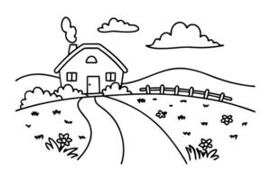 countryside house illustration with fields, flowers, and clouds in a serene landscape scene vector