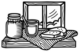 Rustic breakfast setup jar, yogurt, bread on wooden table by window cozy morning meal scene vector