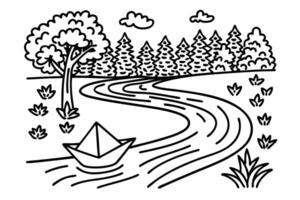 Paper boat sailing in serene river landscape line art drawing with trees and clouds vector