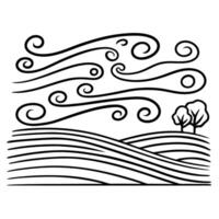 swirling wind patterns over rolling hills and trees in minimalist black and white design vector