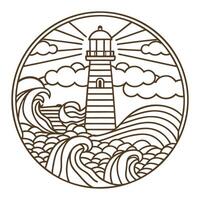 seaside lighthouse line art with waves and clouds coastal nautical illustration in circular design vector