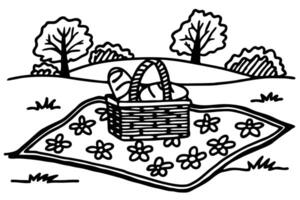 picnic scene with basket of bread and fruits on floral blanket in a serene park landscape vector