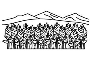 Line art wheat field with mountains in background, simple black and white agricultural scene vector
