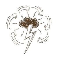 hand drawn lightning bolt and cloud symbolizing energy and creativity, surrounded by dynamic arrows vector