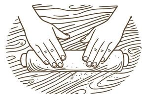 hands rolling dough with pin on wooden surface baking preparation in kitchen, handcrafted pastry making vector