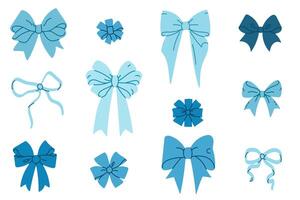 Extensive set of blue bows in various shapes including long-tail, round, curly and flat ribbons, ideal for decoration vector