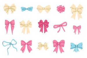 Collection of decorative ribbon bows in pink, beige, blue, and red tones with symmetrical and flowing shapes on white background vector