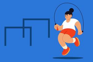 Girl exercising with jump rope on sports field with hurdles vector