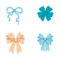 Set of bow illustrations in blue and beige, showing a variety of ribbon shapes and styles vector