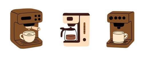 Set of three coffee machines including espresso and drip models, illustrated in clean flat design on white background vector
