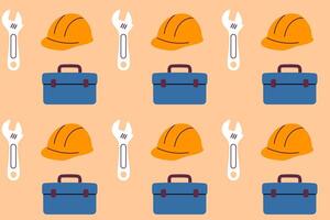 Seamless pattern with helmets, wrenches and toolboxes on orange background vector