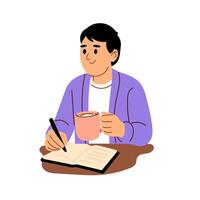 Man sitting at table with notebook and cup of coffee vector