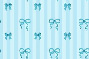 Blue ribbon bows arranged in a repeat pattern over vertical striped light blue background for gift wrapping and decor vector