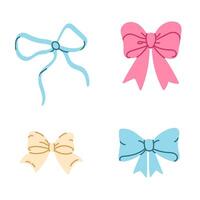 Set of soft pastel bows in pink, blue and yellow, designed with knotted and curved ribbons on a white background vector
