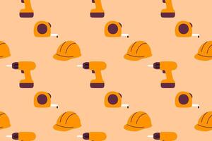 Seamless pattern with drills, helmets and tape measures on orange background vector