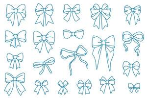 Set of decorative blue bows in line art style on white background vector