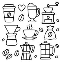 Set of coffee-related icons including mugs, makers, beans and cups in outline style vector