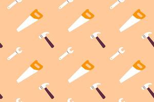 Construction hand tools pattern with saws, hammers and wrenches on biege background vector