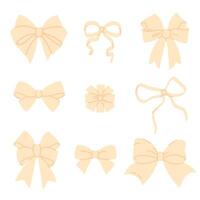 Collection of beige ribbon bows with different tied styles and elegant loops, isolated on white background vector