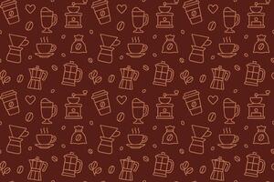 Seamless pattern with coffee cups, grinders, beans and brewing equipment on brown background vector