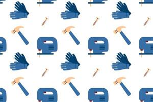 Seamless pattern with gloves, drills, hammers and screws on white background vector