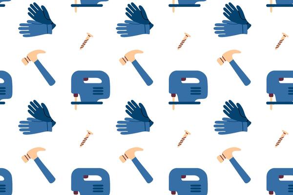 Seamless pattern with gloves, drills, hammers and screws on white background
