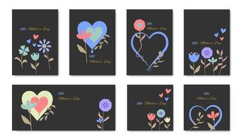 Set card of Happy Mothers Day, Modern flat design with flowers and hearts in pastel colors style. illustration on black background, copy space for text vector