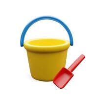 3d child sand bucket and shovel. Three-dimensional illustration sandbox leisure game. Fun holiday play on the coast. Handle container with dig. Kindergarten activity vector